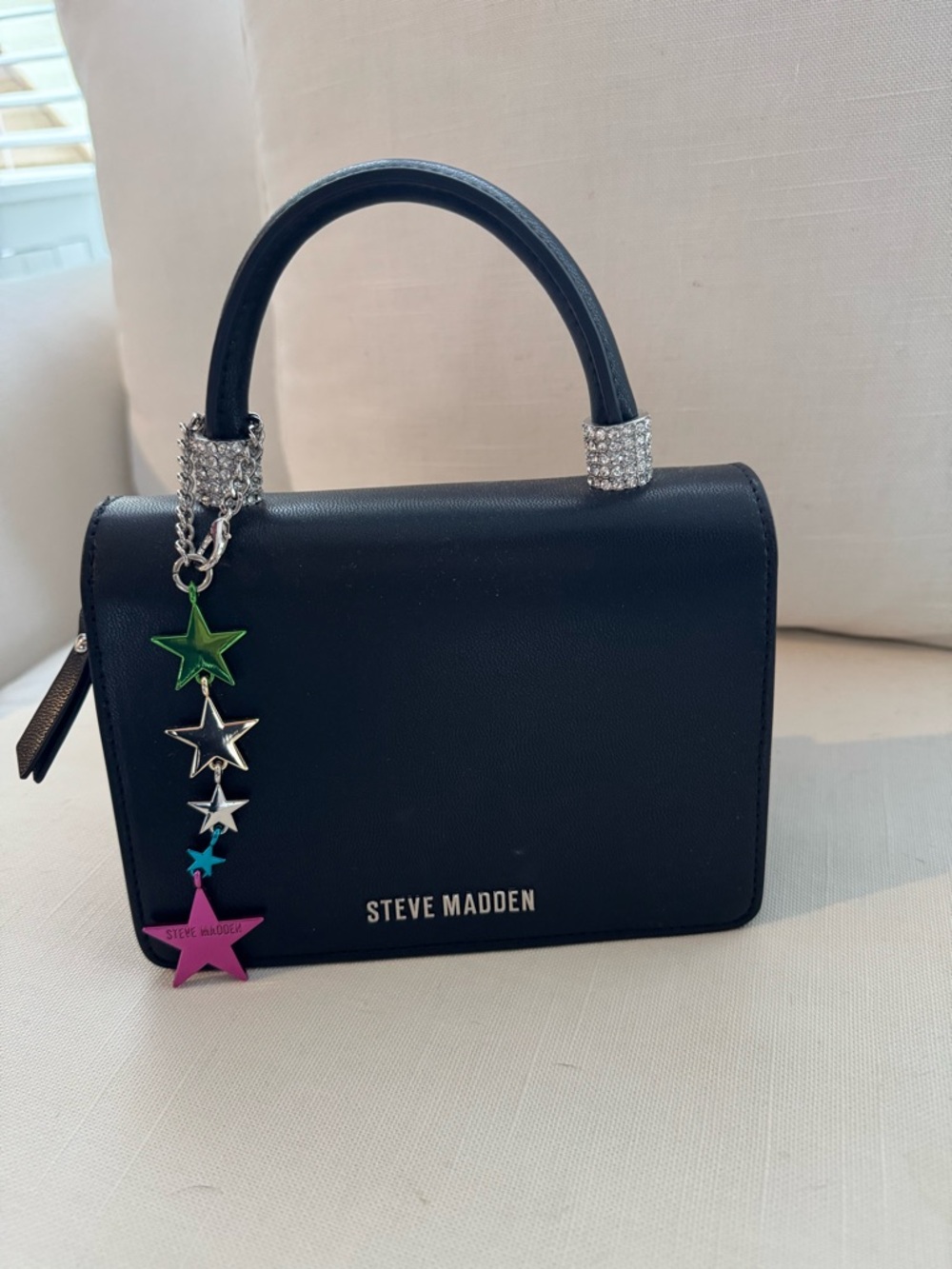 Steve Madden Black Mini Top-Handle Bag with Crystal Logo - Picture 2 of 10